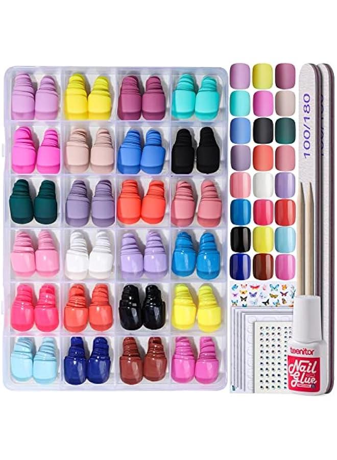 Arabest Short Square Press on Nails,  576pcs Short Press on Fake Nails With Nail Glue And Adhesive Stickers, 12 Colors Matte Press On Short Nails, 12 Colors Glossy Short Press On Nails, Short Glue On Nails With Nail Stickers Rhinestones - Image 1