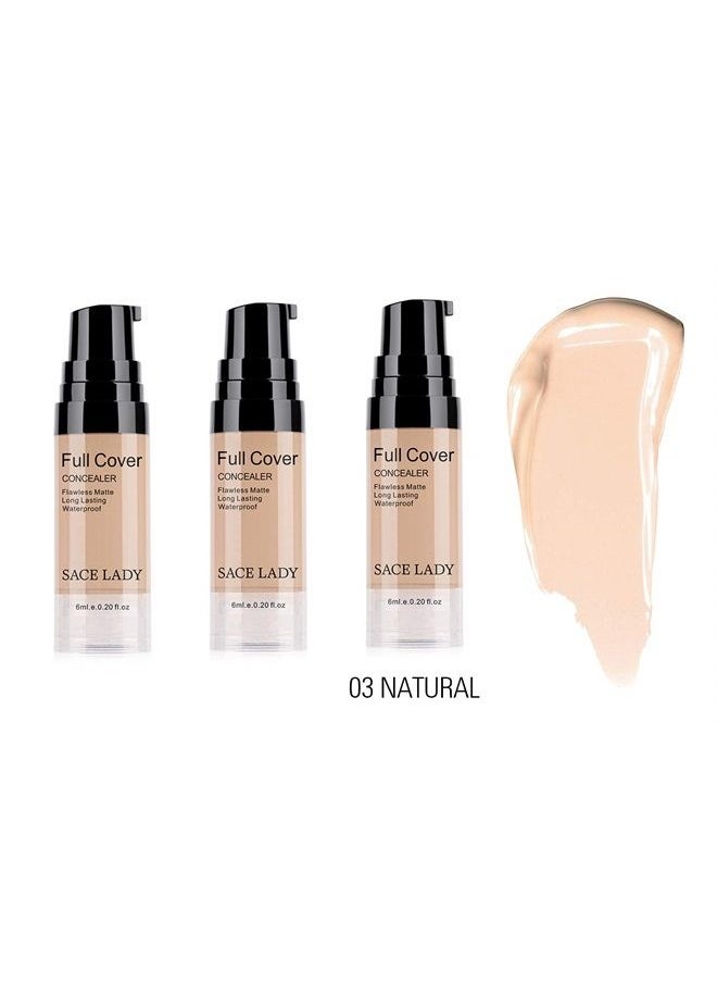 SACE LADY - 3 Pack Pro Full Cover Liquid Concealer, Waterproof Smooth Matte Flawless Finish Creamy Concealer Foundation for Eye Dark Circles Spot Face Concealer Makeup, Size:3×6ml/0.20Fl Oz, Natural - Image 1