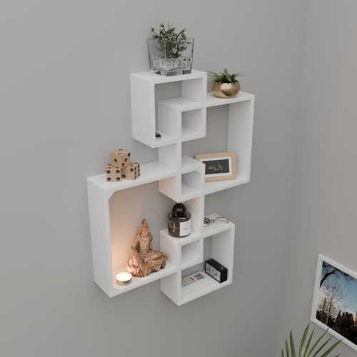 Etiquette Art Engineered Wood Floating Cube Shelves - Intersecting Wall Mounted Box Shelves for Bedrooms, Living Rooms & More - Set of 4 (White) - Image 3