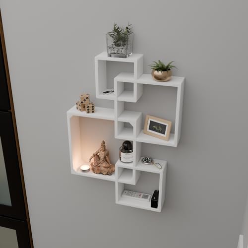 Etiquette Art Engineered Wood Floating Cube Shelves - Intersecting Wall Mounted Box Shelves for Bedrooms, Living Rooms & More - Set of 4 (White) - Image 1