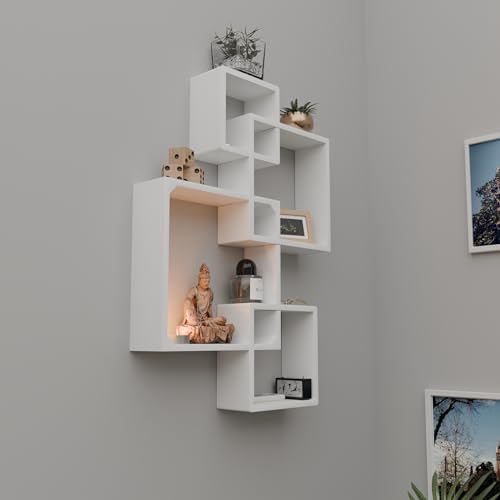 Etiquette Art Engineered Wood Floating Cube Shelves - Intersecting Wall Mounted Box Shelves for Bedrooms, Living Rooms & More - Set of 4 (White) - Image 2