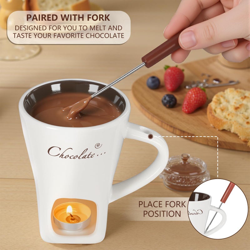 daslich Fondue Pot Cup Set, Chocolate Melting Fondue Mugs 2 Pack with 4 Forks & 8 Tealights, Mini White Ceramic Fondue Set for Cheese, Marshmallows, Sweet Fondue Cup for Date Night Party Wedding Holiday Gift - Image 5