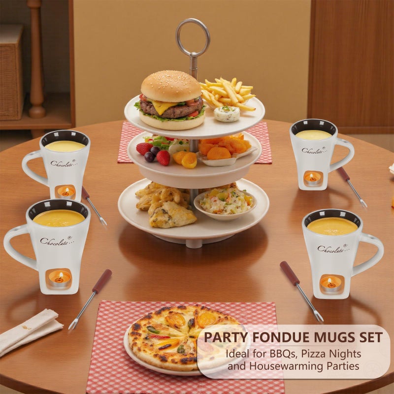 daslich Fondue Pot Cup Set, Chocolate Melting Fondue Mugs 2 Pack with 4 Forks & 8 Tealights, Mini White Ceramic Fondue Set for Cheese, Marshmallows, Sweet Fondue Cup for Date Night Party Wedding Holiday Gift - Image 3
