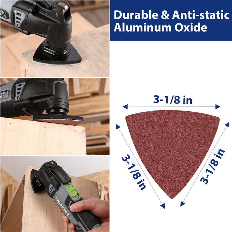 WORKPRO 150PCS Triangle Sanding Pads, 3-1/8 Inch Hook and Loop Fit for Oscillating Multi Tool, 40/60/80/120/180/240 Grit for Sanding, Grinding - Image 2