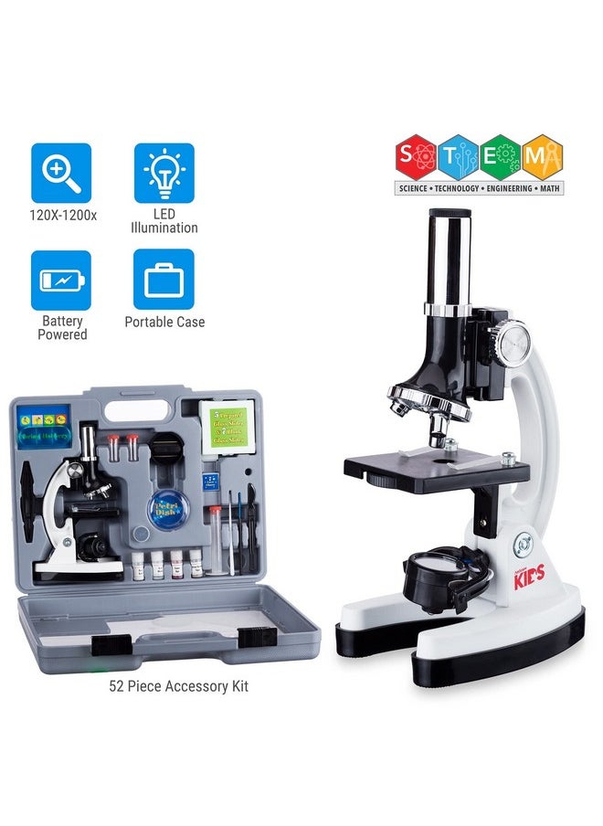 AmScope 120X-1200X 52-Pcs Beginner Microscope Stem Kit With Metal Body Microscope, Plastic Slides, Led Light And Carrying Box (M30-Abs-Kt2-W),White  - Image 1