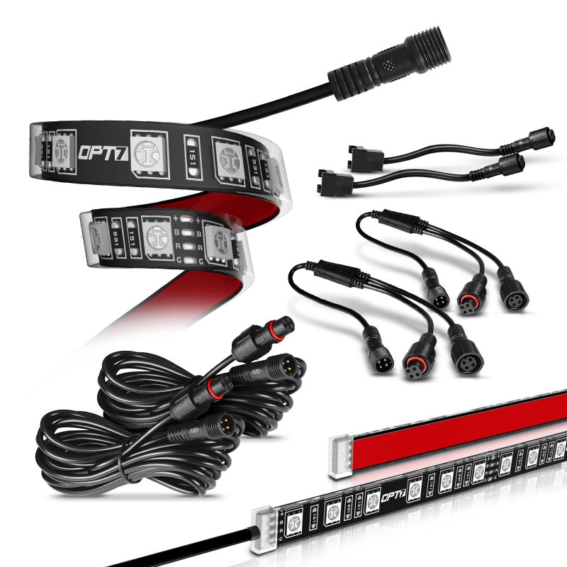 OPT7 Aura Single Row Expansion Pack  2pc 12 RGB Multicolor LED Strips wSplitters and Extension Wires for Interior Wheel Well Grille Motorcycle Golf Cart Car Boat Underglow Lights