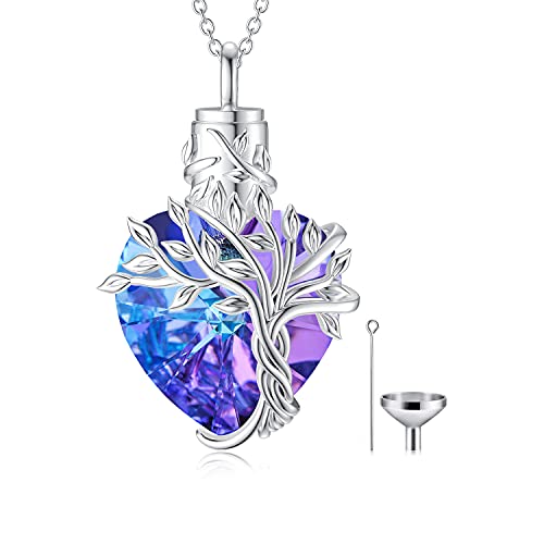 TOUPOP Purple Tree of Life Urn Necklace for Ashes 925 Sterling Silver Amethyst Heart Cremation Necklace with Funnel Filler Memorial Mothers Day Gifts for Women Mom Sister Friend - Image 1