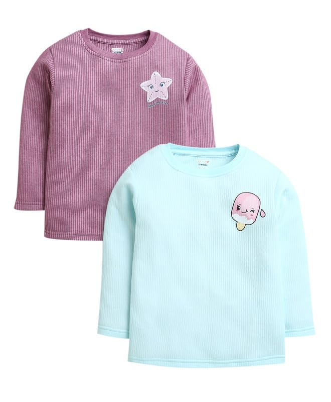BUMZEE Sky Blue & Mauve Girls Full Sleeves Cotton Thermal T-Shirts Pack of 2 Age - 5-6 Years (Peb9625I-sbl.muv) - Image 1