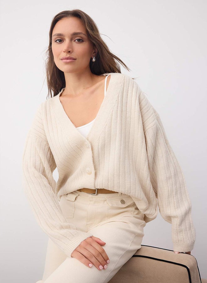 trendyol Wardrobe Essentials Stone Soft Textured Basic Wide Fit Knitwear Cardigan | - Image 1
