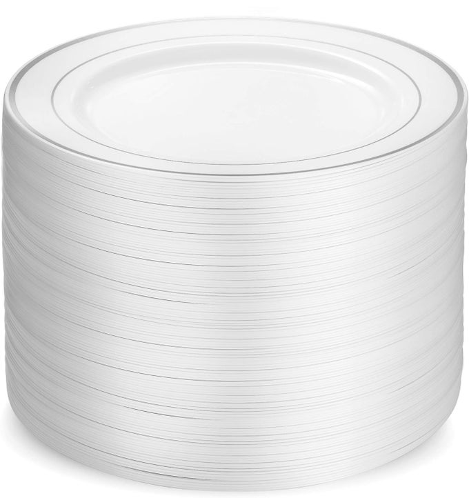 100 SILVER PLASTIC DINNER PLATES SET 1025 INCH DISPOSABLE HEAVY DUTY FANCY ELEGANT WEDDING PARTY PLATES WHITE WITH SILVER RIM