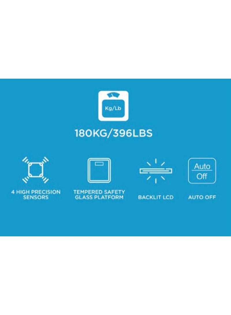 Digital Personal Weighing Scale - 180 kg / 396 lb Capacity, Tempered Safety Glass, Backlit LCD, Auto On/Off, 300×300 mm Plate - Image 3