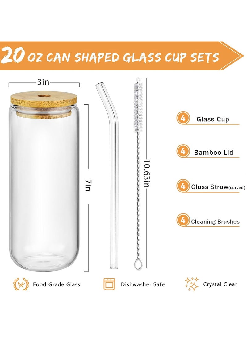 DAMCONME 20 Oz Drinking Glasses with Bamboo Lids and Glass Straw - 4 Pcs Can Shaped Glass Cups Beer & Ice Coffee Glasses Cute Tumbler Cup Great for Soda Boba Tea Cocktail Include 4 Cleaning Brushes - Image 2