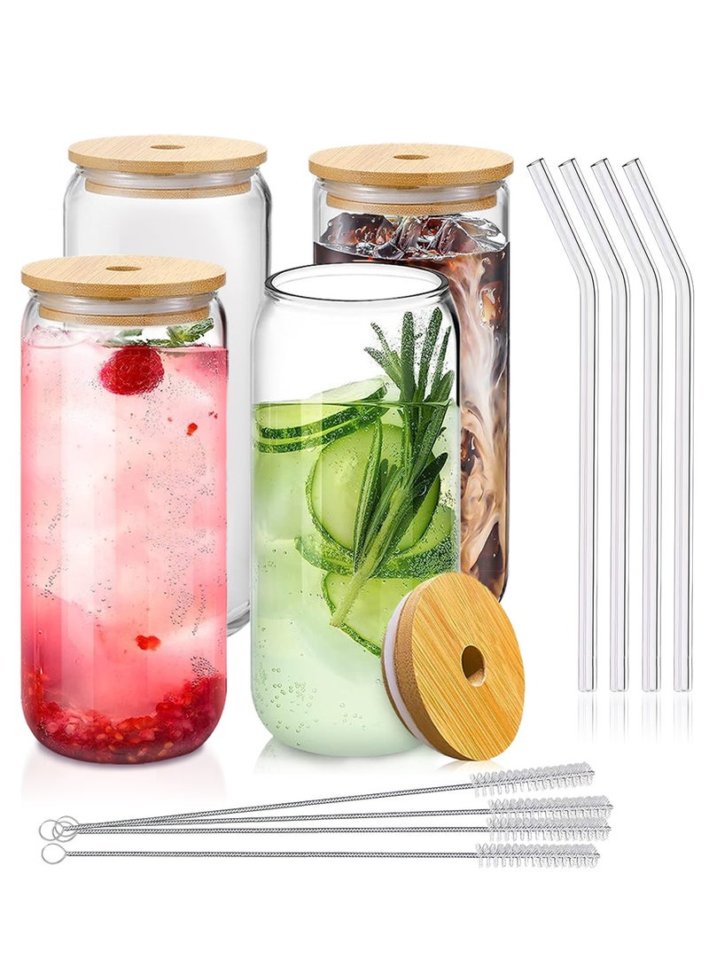 DAMCONME 20 oz Drinking Glasses with Bamboo Lids and Glass Straw - 4 Pcs Can Shaped Glass Cups Beer & Ice Coffee Glasses Cute Tumbler Cup Great for Soda Boba Tea Cocktail Include 4 Cleaning Brushes - Image 1