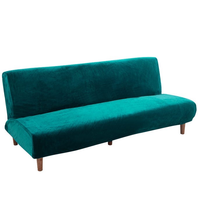 FUTON SLIPCOVER ARMLESS FOLDING SOFA COVER VELVET STRETCH ELASTIC WASHABLE COUCH SOFA FURNITURE PROTECTOR FOR FUTON MOVING SOFA BED WITHOUT ARMRESTS TEAL GREEN