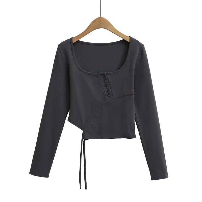 American Style Hot Girl U Collar Button Long-sleeved T-shirt Autumn and Winter New Irregular Lace-up Slim-fit Short Base Shirt - Image 1