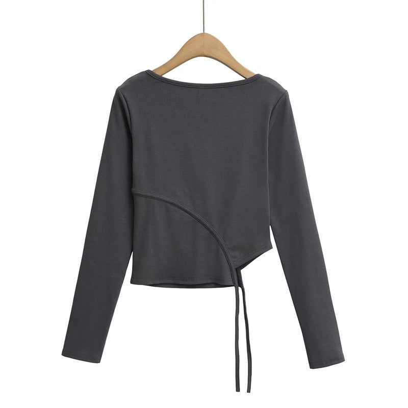 American Style Hot Girl U Collar Button Long-sleeved T-shirt Autumn and Winter New Irregular Lace-up Slim-fit Short Base Shirt - Image 4