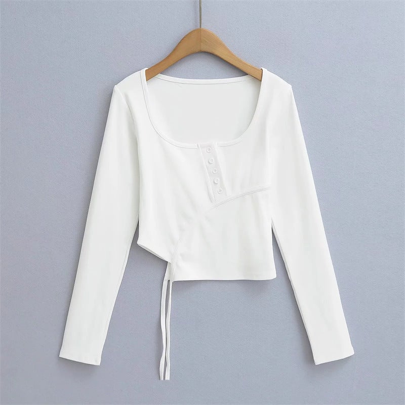 American Style Hot Girl U Collar Button Long-sleeved T-shirt Autumn and Winter New Irregular Lace-up Slim-fit Short Base Shirt - Image 5