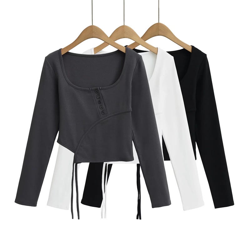 American Style Hot Girl U Collar Button Long-sleeved T-shirt Autumn and Winter New Irregular Lace-up Slim-fit Short Base Shirt - Image 2