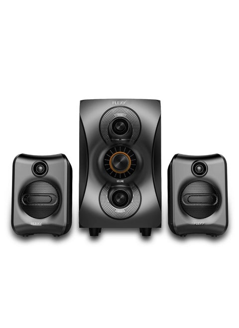 FLEXY Multimedia Speaker: 5000W P.M.P.O, BT 5.0, USB, FM radio, remote control, 2.1 surround sound, 35Hz-20kHz, low distortion, 2-year warranty. Elevate your audio experience!