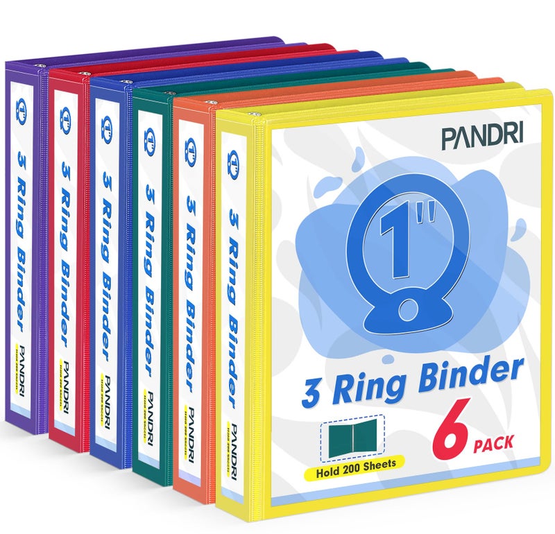 PANDRI مجلدات باندري بثلاث حلقات، مقاس 1 بوصة، عبوة من 6 مجلدات، تناسب ورق بحجم الرسائل (8.5 × 11 بوصة)، مجلدات متعددة الاستخدامات للمكتب والمنزل والمدرسة، جيبان، ألوان متنوعة (6 ألوان). - Image 1
