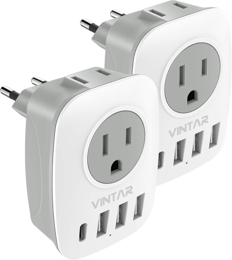 VINTAR 2 Pack European Travel Plug Adapter, International Power Plug Adapter with 1 USB C, 2 American Outlets and 3 USB Ports, 6 in 1 Travel Essentials to Most of Europe Greece, Italy(Type C) - Image 1