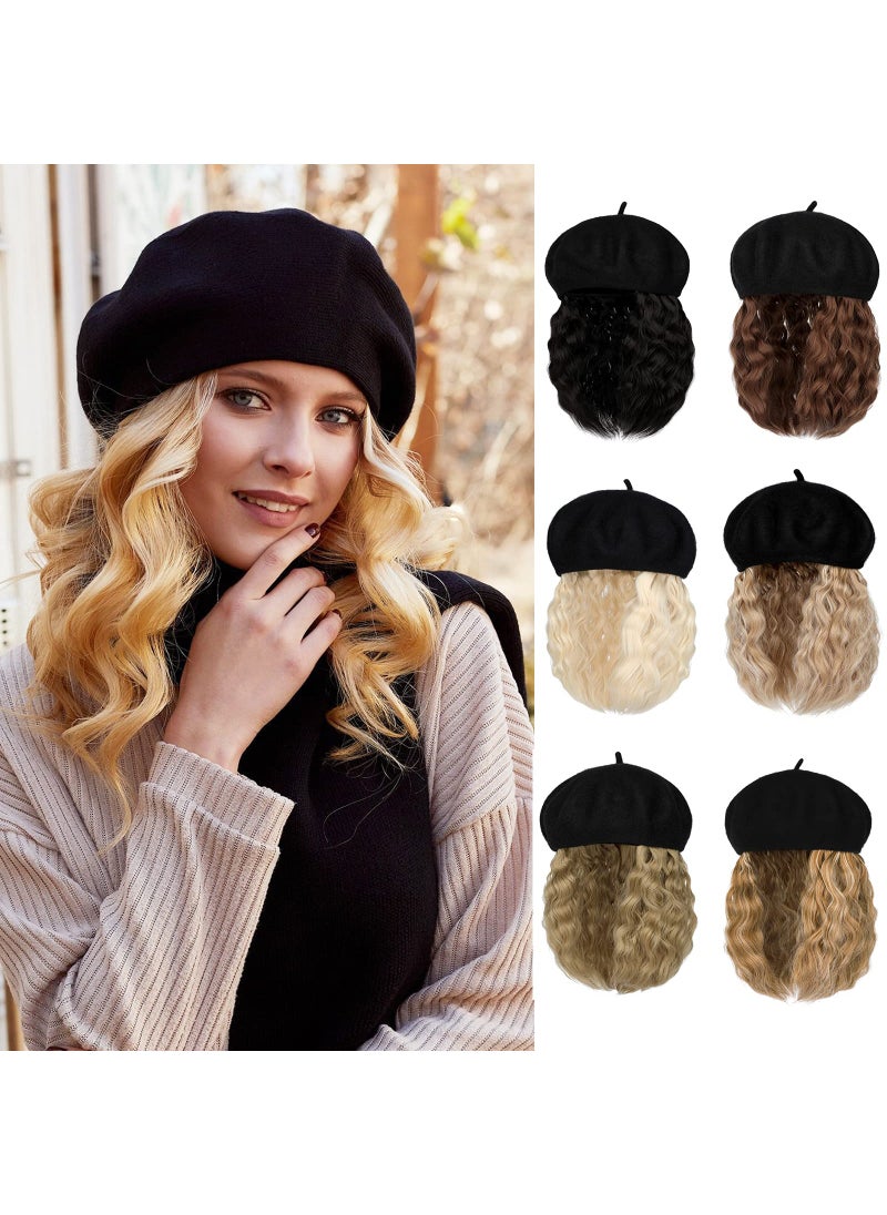 AynnQueen - AynnQueen Beret with Hair Extensions for Women Hat with Kinky Curly Synthetic Wig Attached 8 inch Long Curly Hair Black Beret (Ash Blonde) - Image 1