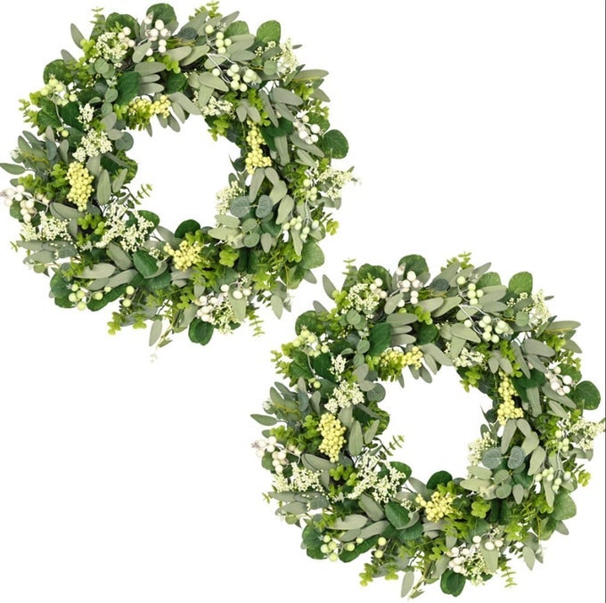 2 Pack Green Eucalyptus Leaf Wreath 24 Inch Artificial Spring Summer Wreaths for Front Door Decor Boxwood Wreath with Big Berries Farmhouse Greenery Wreath Outside Year Round IndoorOutdoor