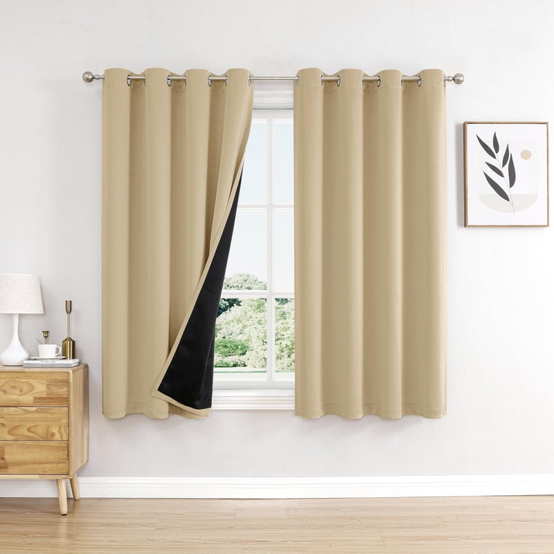ChrisDowa 100 Blackout Curtains for Bedroom with Black Liner 2 Thick Layers Total Blackout Thermal Insulated Grommet Window Curtains 2 Panels Set Beige 52 x 63 Inch
