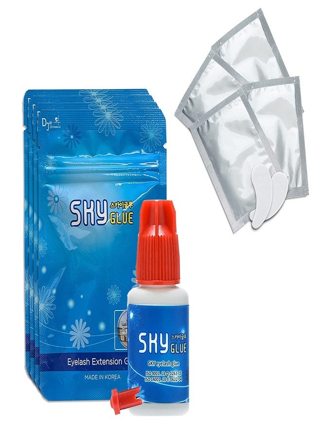 Sky Glue 4 Bottles Long Retention Eyelash Extensions Glue Sky S+ 5ml Professional Black Eyelash Extension Adhesive 1-2s Fast Drying 6-8 Weeks Lasting time by KBS with 4 Eyepatches (FourFour Pack) - Image 1
