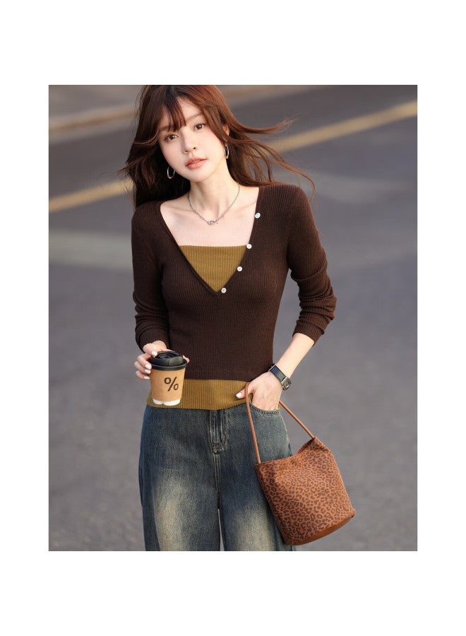 Mt Butter Canelé Autumn Vintage Two-tone Layered Wool Blend Short Knit Sweater For Women - Image 1