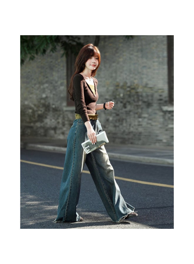 Mt Butter Canelé Autumn Vintage Two-tone Layered Wool Blend Short Knit Sweater For Women - Image 4