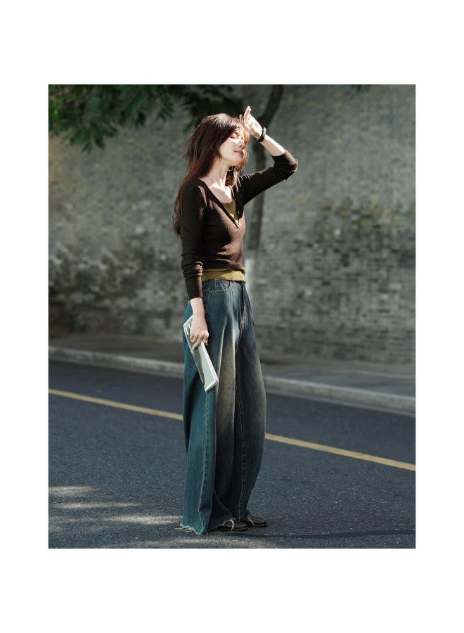 Mt Butter Canelé Autumn Vintage Two-tone Layered Wool Blend Short Knit Sweater For Women - Image 3