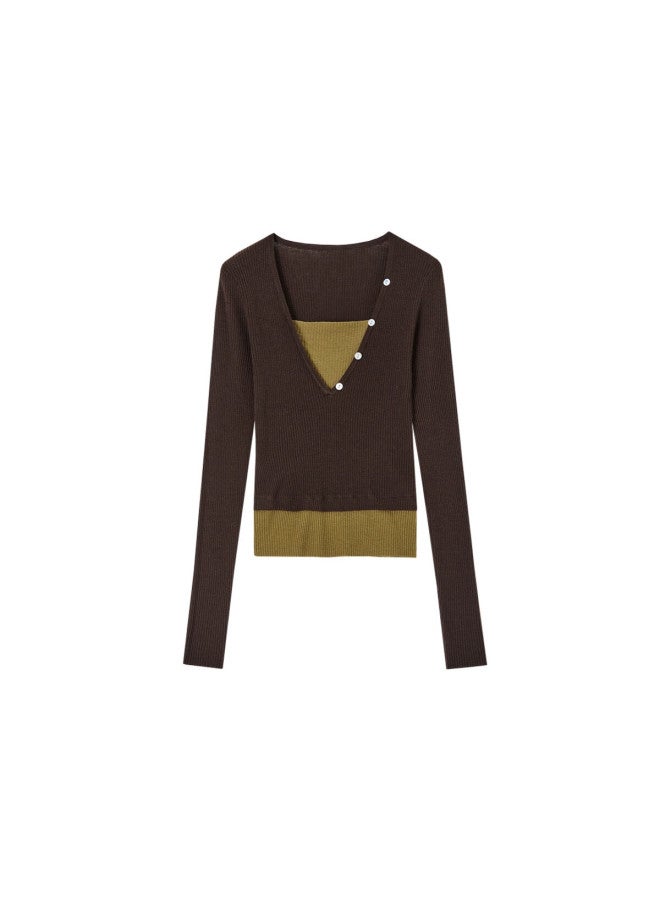 Mt Butter Canelé Autumn Vintage Two-tone Layered Wool Blend Short Knit Sweater For Women - Image 5