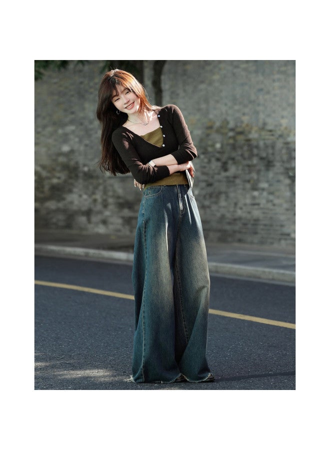 Mt Butter Canelé Autumn Vintage Two-tone Layered Wool Blend Short Knit Sweater For Women - Image 2