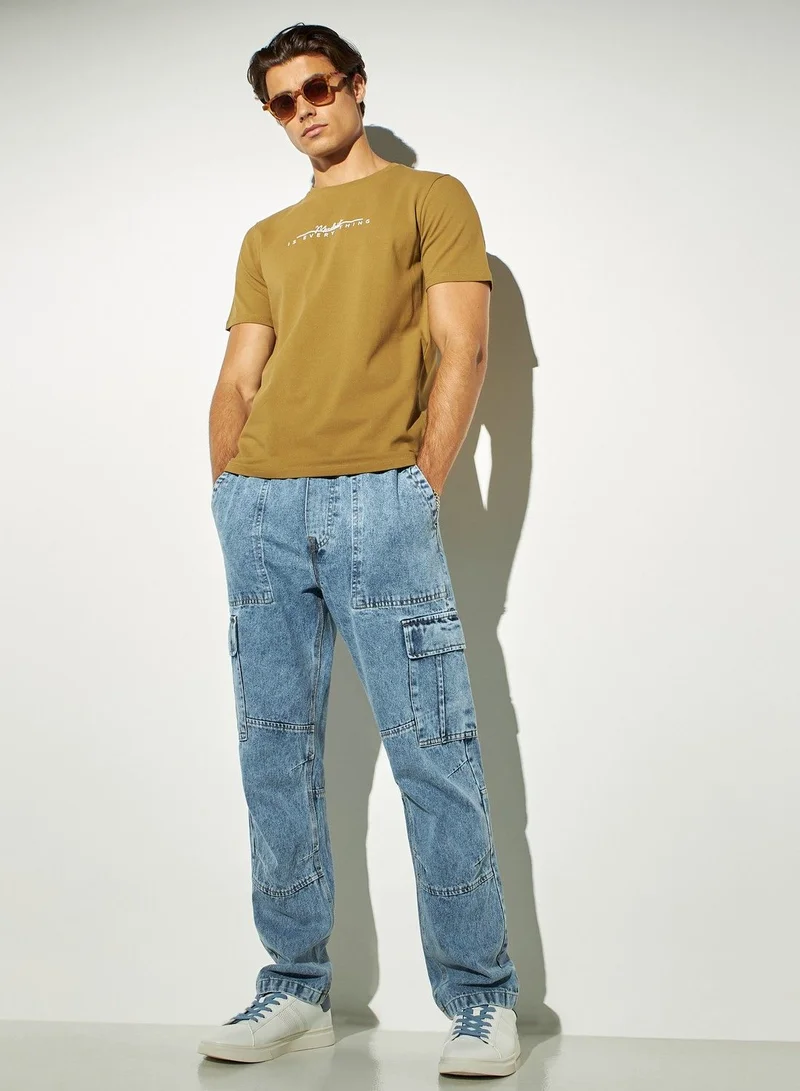 Iconic Iconic Typography Print Crew Neck Pique T-shirt with Short Sleeves