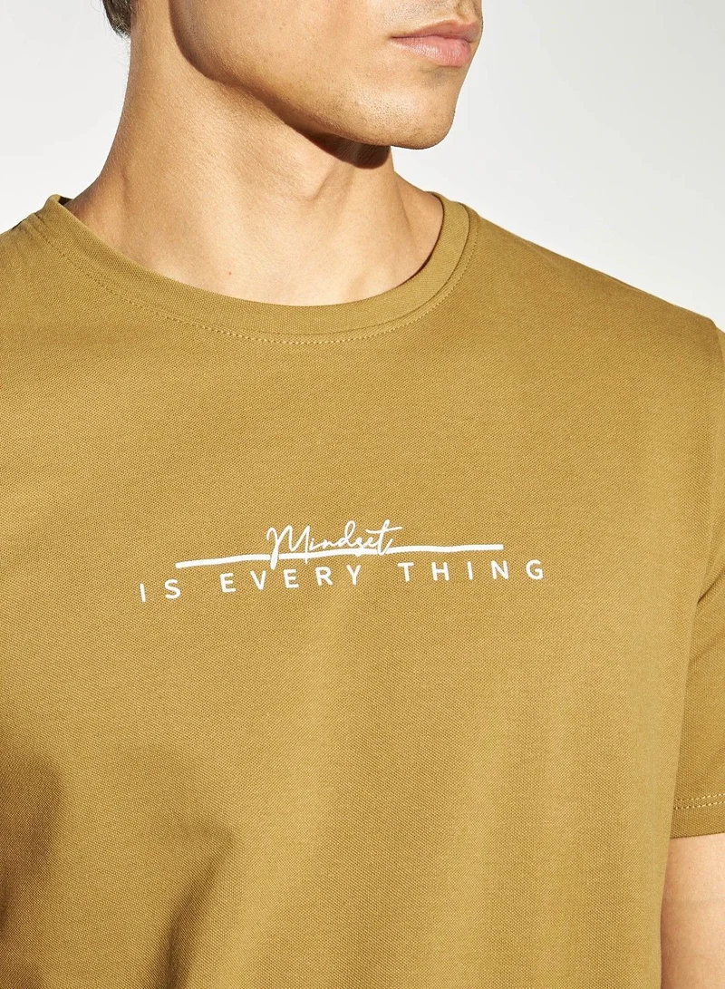 Iconic Iconic Typography Print Crew Neck Pique T-shirt with Short Sleeves