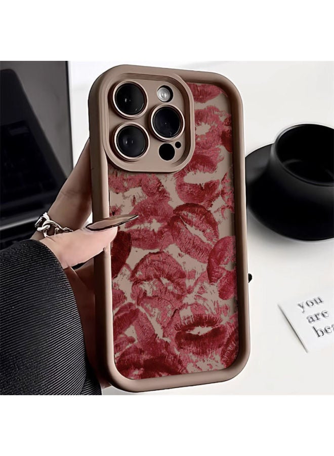 Full Screen Lip Print For IPhone16promax Apple 14 Mobile Phone Case 12/13 Fine Hole 11 Drop-proof 15 Soft Case-Color:Full Screen Lip Print-Brown-Applicable Model:Apple 12
