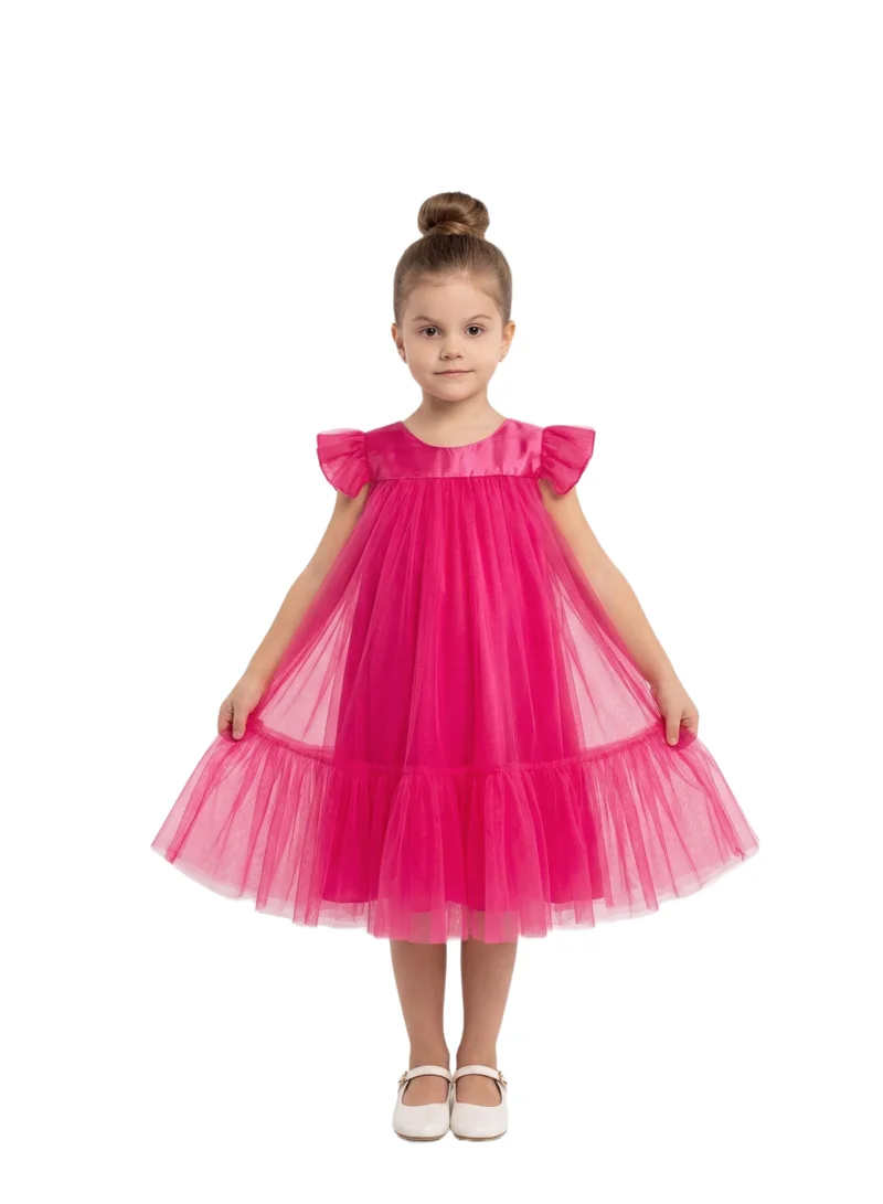 بيداني Tulle Flutter Sleeve Party Dress - Hot Pink