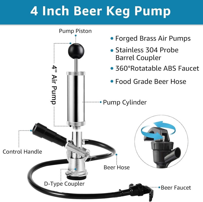 Imaictuu 4" Beer Party Pump Keg Tap for US Sankey Keg, American D-System Keg Pump Chrome-Plated Beer Tap Dispenser for Picnic with Beer Line Faucet Parts - Image 2
