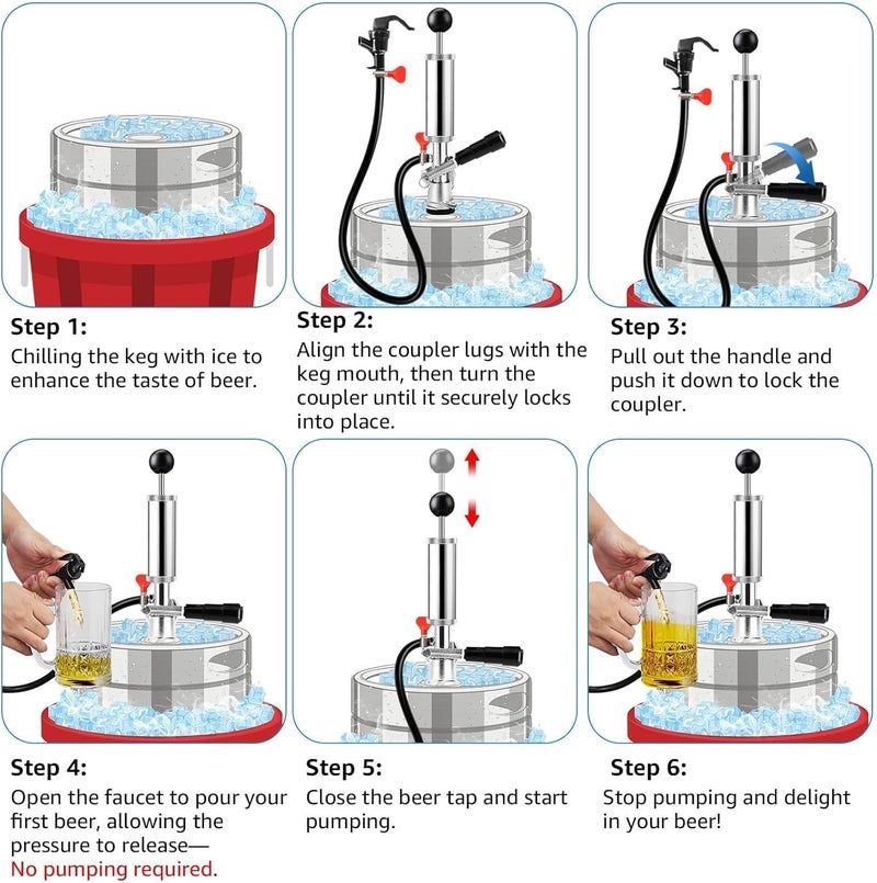 Imaictuu 4" Beer Party Pump Keg Tap for US Sankey Keg, American D-System Keg Pump Chrome-Plated Beer Tap Dispenser for Picnic with Beer Line Faucet Parts - Image 5