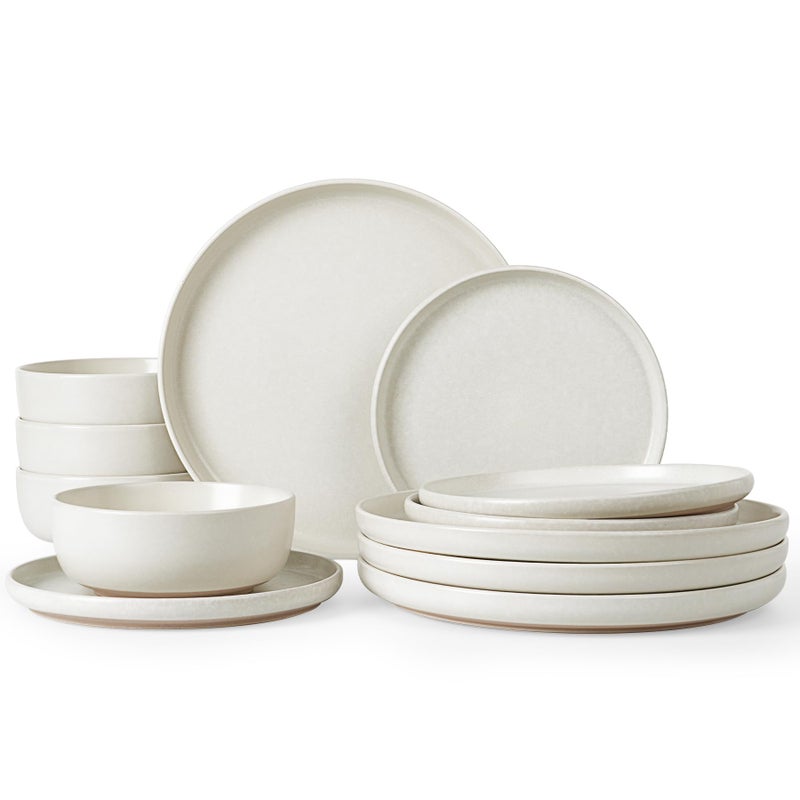 Famiware Milkyway Plates and Bowls Sets, 12 Pieces Dinnerware Sets, Reactive Glaze Dish Set, Stoneware Dishes Set for 4, Matte Beige White - Image 1