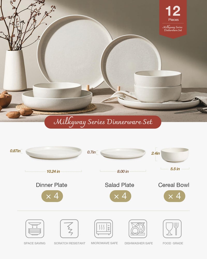 Famiware Milkyway Plates and Bowls Sets, 12 Pieces Dinnerware Sets, Reactive Glaze Dish Set, Stoneware Dishes Set for 4, Matte Beige White - Image 2