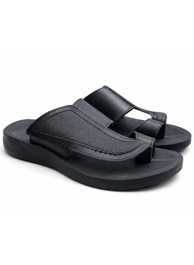 Men's genuine leather slippers in black – a modern, comfortable design with high-quality materials and a cushioned orthopedic insole – ideal for everyday wear and outings - Image 2