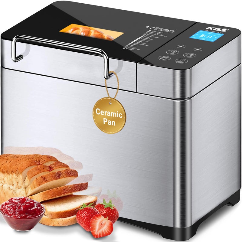 KBS Pro 710W Bread Maker 2LB 17in1 Automatic Bread Machine with Healthy Ceramic Pan Nut Dispenser Tempered Glass Touch Panel Stainless Steel Housing3 Crust Colors 15H TimerKeepWarm Recipe
