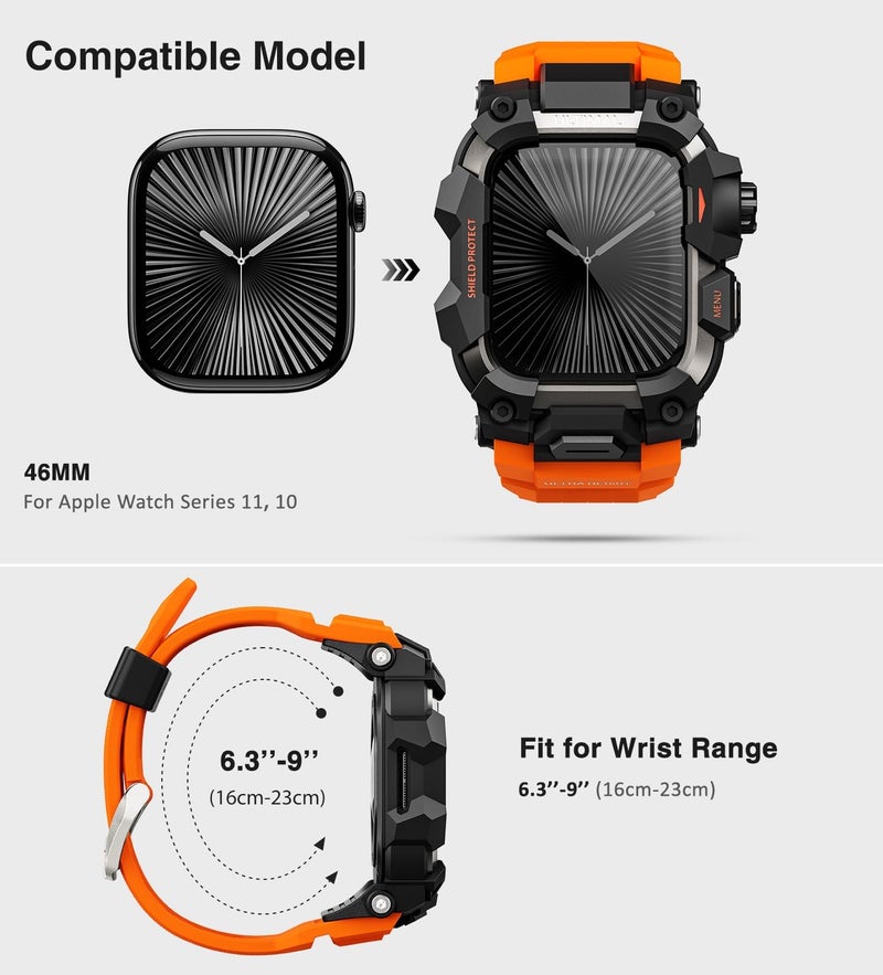 ULTIMAL Rugged Case with Band for Apple Watch 46mm,Compatible with Apple Watch Series 11/10, Military Grade Shockproof Bumper Cover for iWatch Tactical Band Men (Orange, 46mm) - Image 2