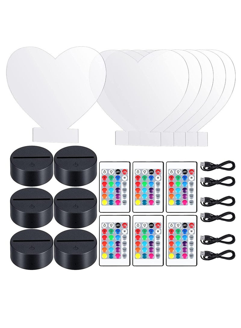 SYOSI قاعدة لمبة LED ليلية بتقنية ثلاثية الأبعاد تشمل 6 حوامل عرض للإضاءة 6 أوراق أكريليك شفافة 6 وحدات تحكم عن بُعد 6 كابلات شحن، قاعدة لمبة أكريليك قابلة للتعديل بـ 16 لونًا 4 أوضاع 6 مجموعات تصميم قلب - Image 1