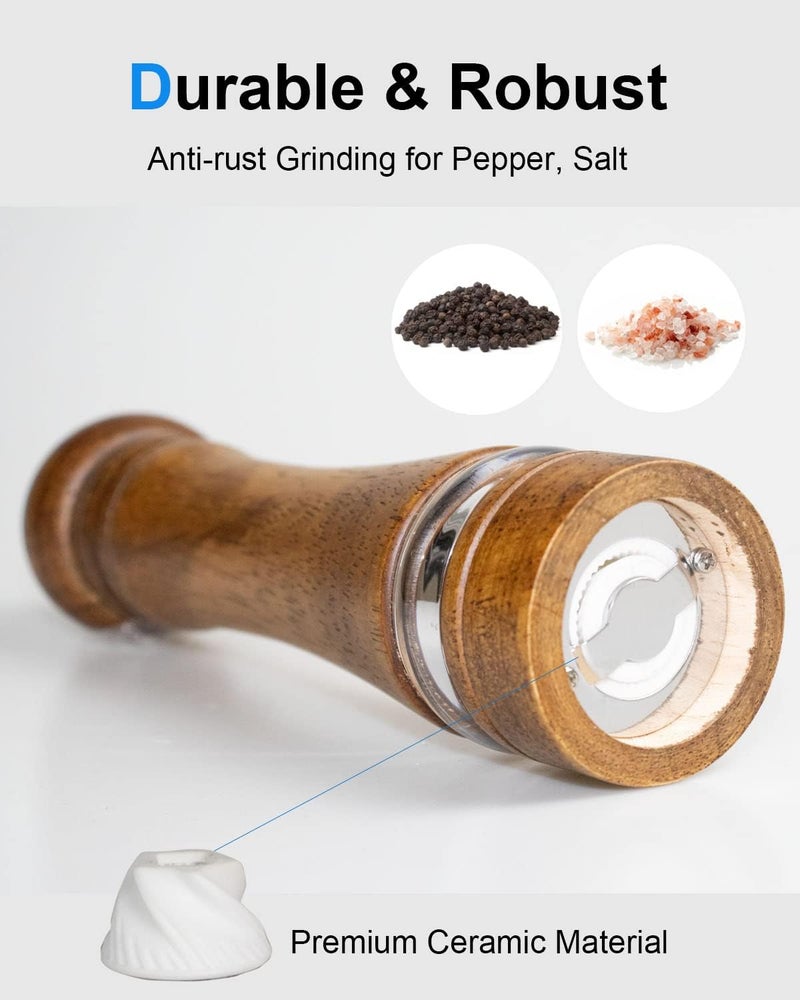TooWoom Pepper Grinder Salt Grinder Wooden Pepper Mill Grinder w/Adjustable Coarse, 8 inch Tall Wood Refillable Manual Pepper Grinder Mill Peppermill for Black Peppercorn, Easy Clean w/Cleaning Brush - Image 3