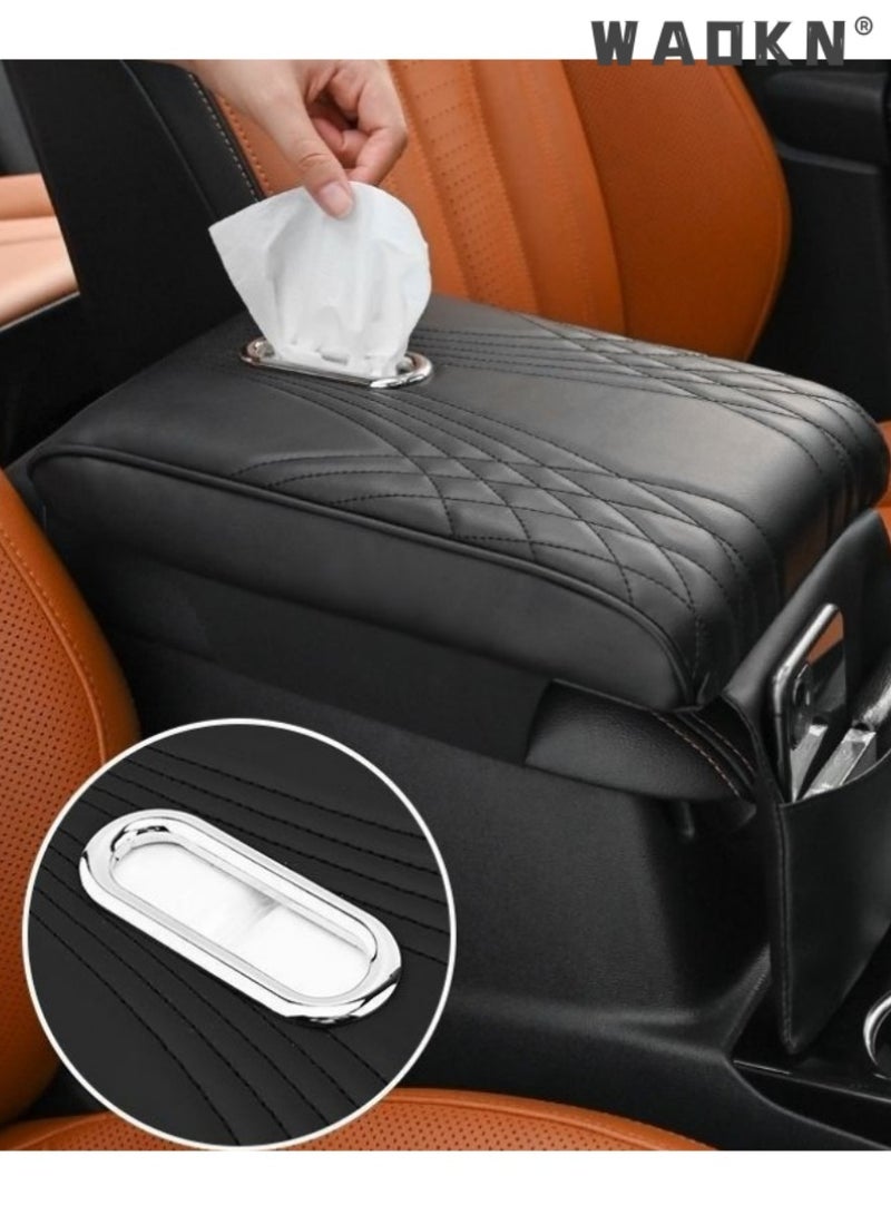 WAOKN Upgraded car armrest box cushion, integrating tissue box storage, multifunctional storage, and height increasing design, black - Image 2