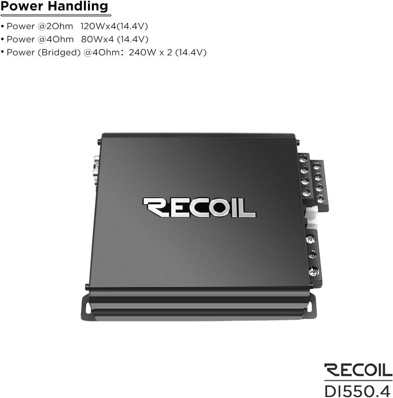 Recoil DI550.4 Full-Range Class-D 4-Channel Car Audio Amplifier, 1,040 Watts Max Power - Image 3