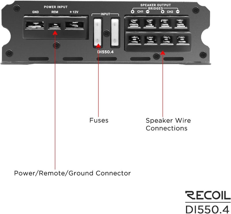 Recoil DI550.4 Full-Range Class-D 4-Channel Car Audio Amplifier, 1,040 Watts Max Power - Image 5